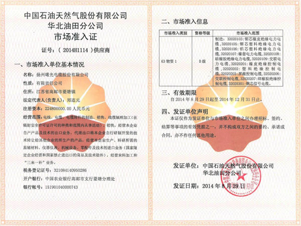 CNPC Huabei Oilfield branch market permisson certificate