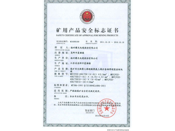 Mine product safety mark certificate