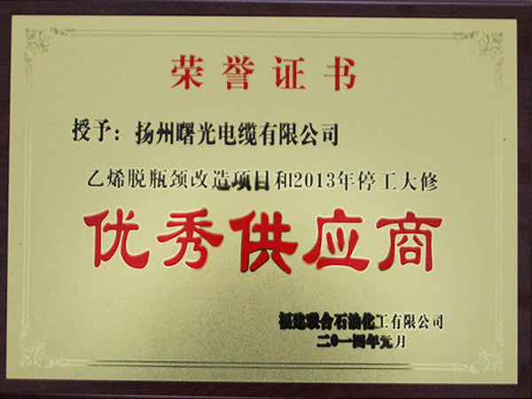 Fujian union petro-chemical 2013 excellent supplier award