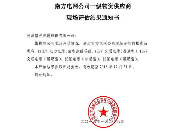 China Southern Power Grid first grade material supplier assessment result notification